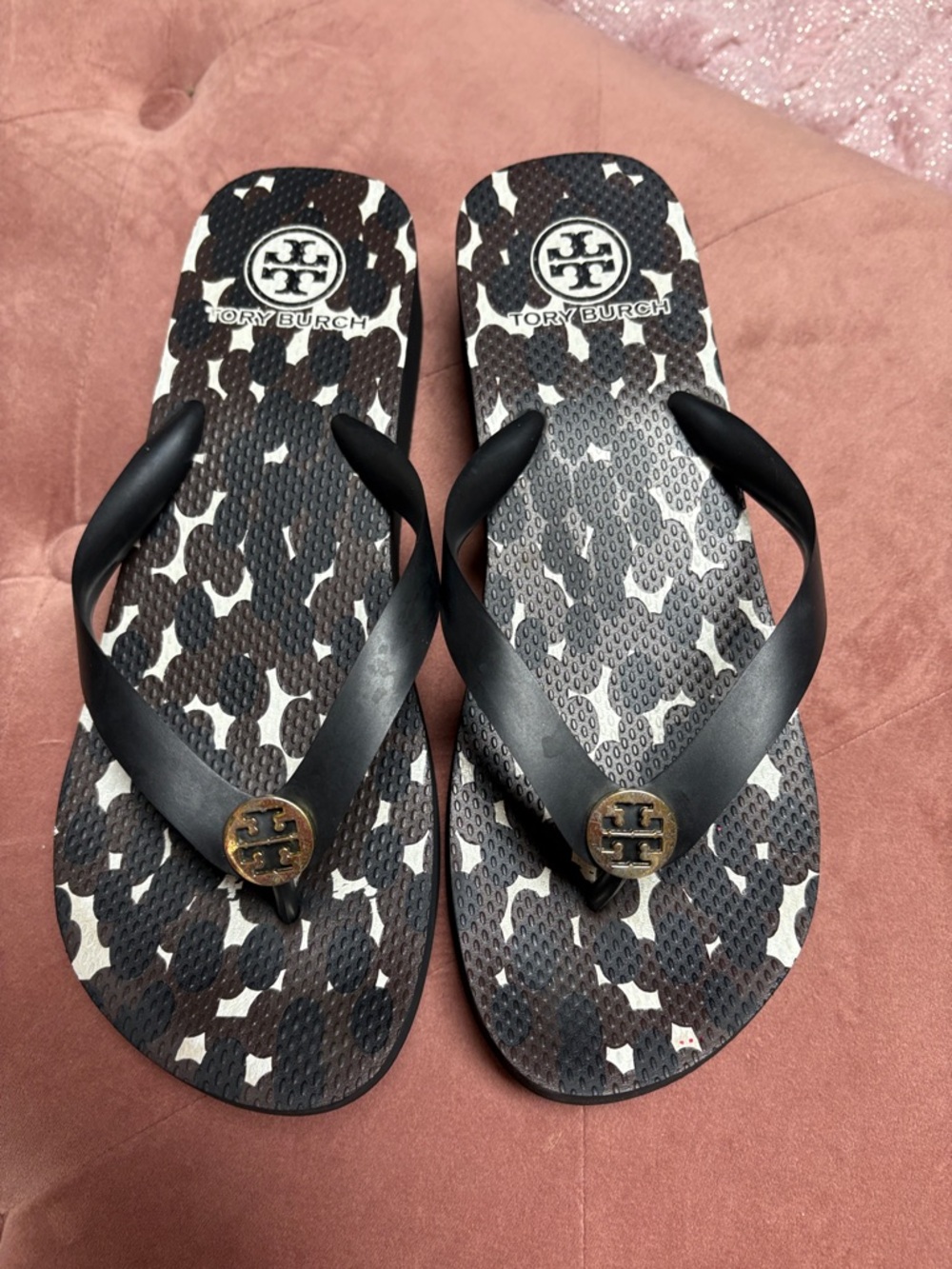 Tory Burch Black and White Logo Flip Flop Sandals